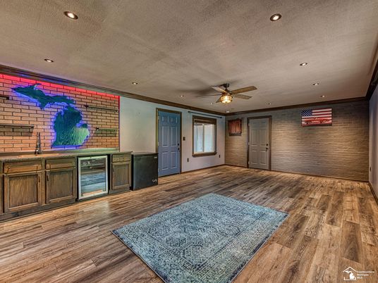 Empty room, Interior, Recessed Lighting, Stone Walls, Wood Texture Flooring