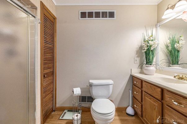 Bathroom, Glass Shower, Interior, Wood Texture Flooring