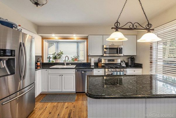Interior, Kitchen, Pendant Lights, Stainless Steel Appliances, Wood Texture Flooring