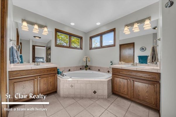 Bathroom, Dual Sink Vanities, Interior, Recessed Lighting, Tile Countertops