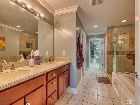 Bathroom, Dual Sink Vanities, Glass Shower, Interior, Recessed Lighting