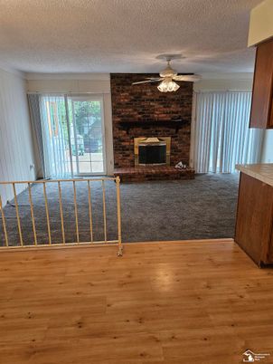 Empty room, Fireplace, Interior, Stone Walls, Wood Texture Flooring