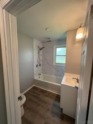 Bathroom, Interior, Marble Walls, Wood Texture Flooring