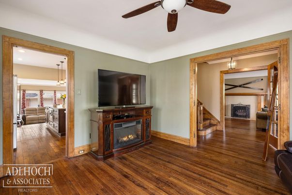 Fireplace, Interior, Pendant Lights, Recessed Lighting, Wood Texture Flooring