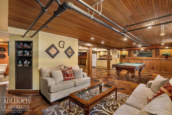 Billiard Table, Game Room, Interior, Living room, Recessed Lighting, Wooden Ceilings, Wood Texture Flooring