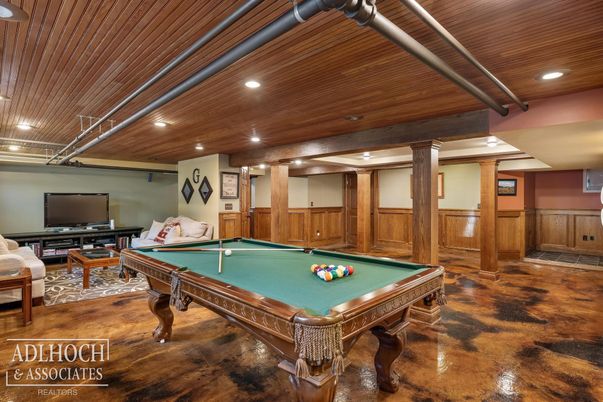 Billiard Table, Game Room, Interior, Recessed Lighting, Wooden Ceilings, Wood Texture Flooring