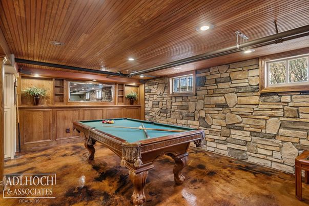 Billiard Table, Game Room, Interior, Recessed Lighting, Stone Walls, Wooden Ceilings