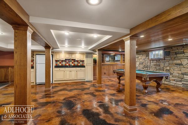 Billiard Table, Game Room, Interior, Recessed Lighting, Stone Walls