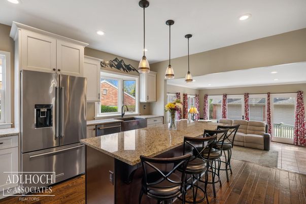 Interior, Kitchen, Living room, Pendant Lights, Recessed Lighting, Stainless Steel Appliances, Wood Texture Flooring