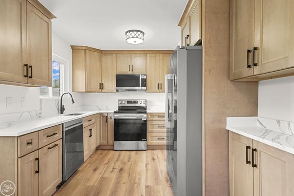 Interior, Kitchen, Stainless Steel Appliances, Wood Texture Flooring