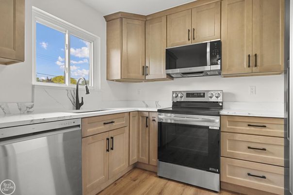 Interior, Kitchen, Stainless Steel Appliances, Wood Texture Flooring