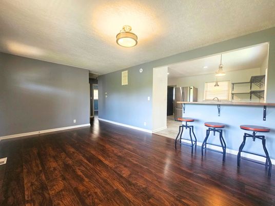 Empty room, Interior, Kitchen, Pendant Lights, Wood Texture Flooring