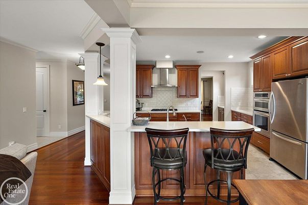 Interior, Kitchen, Pendant Lights, Recessed Lighting, Stainless Steel Appliances, Wood Texture Flooring