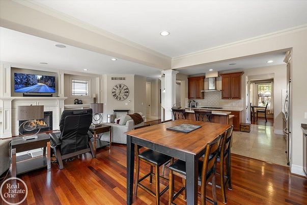Dining room, Fireplace, Interior, Kitchen, Living room, Recessed Lighting, Wood Texture Flooring