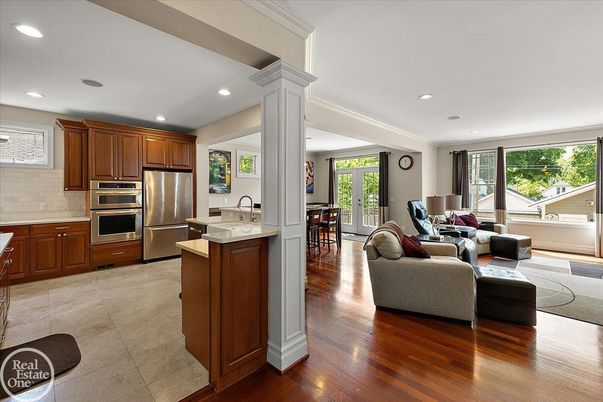 Interior, Kitchen, Living room, Recessed Lighting, Stainless Steel Appliances, Wood Texture Flooring