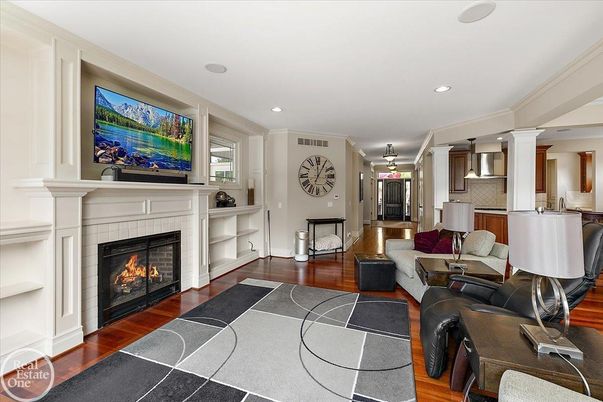Fireplace, Interior, Living room, Recessed Lighting, Wood Texture Flooring