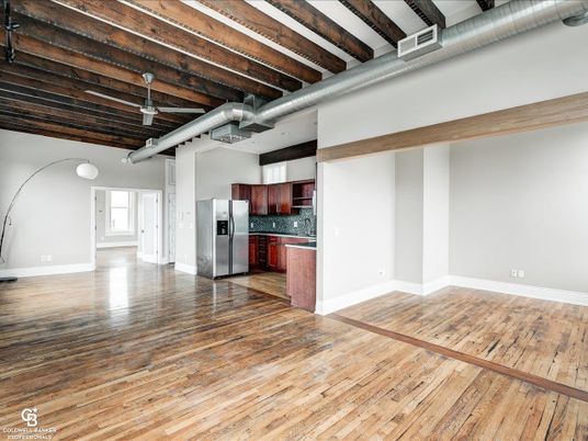 Empty room, Interior, Kitchen, Stainless Steel Appliances, Wooden Beams, Wood Texture Flooring