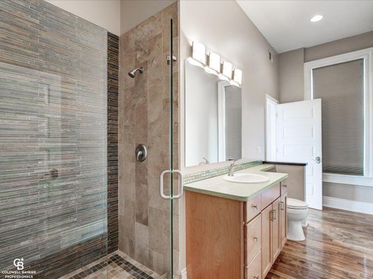 Bathroom, Glass Shower, Interior, Recessed Lighting, Tile Countertops, Wood Texture Flooring