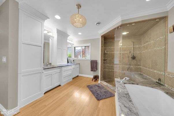 Bathroom, Glass Shower, Interior, Recessed Lighting, Wood Texture Flooring
