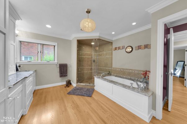 Bathroom, Glass Shower, Interior, Recessed Lighting, Wood Texture Flooring