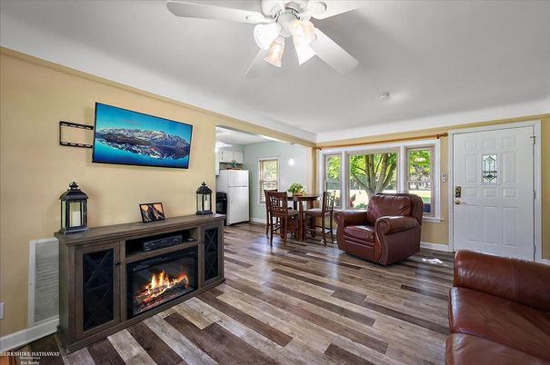 Dining room, Fireplace, Interior, Wood Texture Flooring