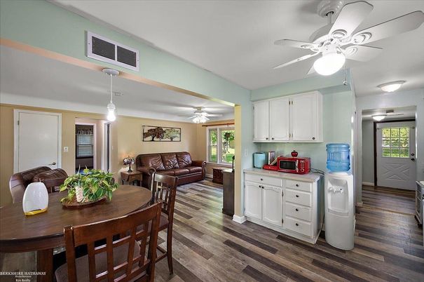 Dining room, Interior, Living room, Pendant Lights, Wood Texture Flooring