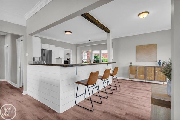 Interior, Kitchen, Pendant Lights, Stainless Steel Appliances, Wood Texture Flooring