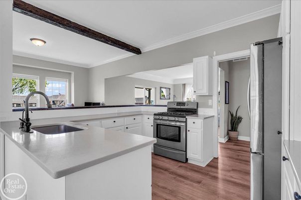 Interior, Kitchen, Stainless Steel Appliances, Wooden Beams, Wood Texture Flooring