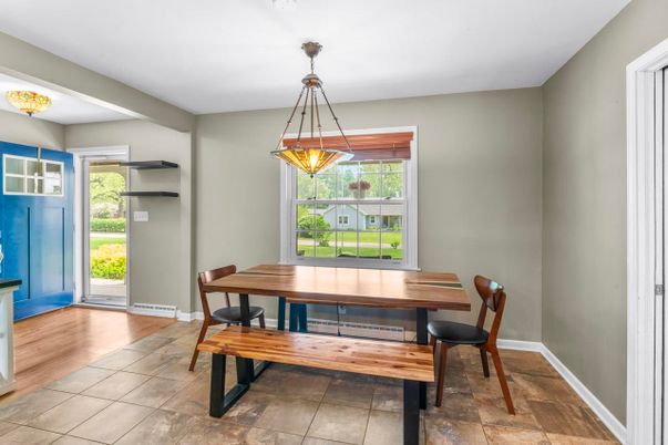 Dining room, Interior, Pendant Lights, Wood Texture Flooring