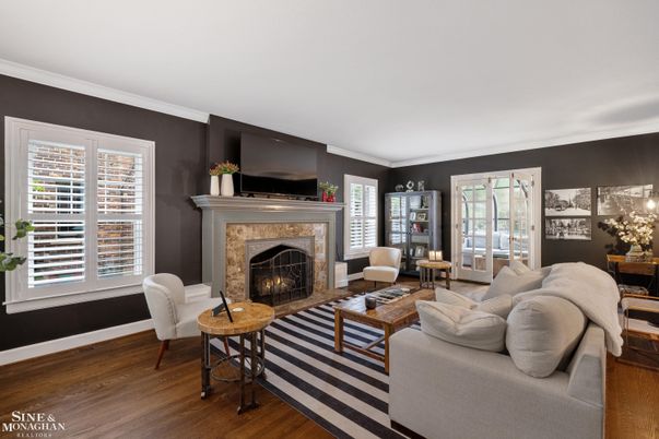 Dining room, Fireplace, Interior, Living room, Wood Texture Flooring