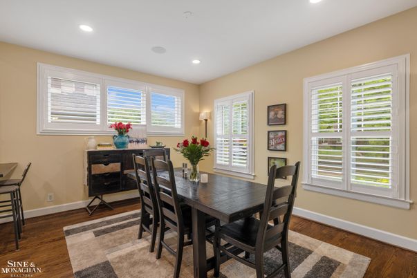 Dining room, Interior, Recessed Lighting, Wood Texture Flooring