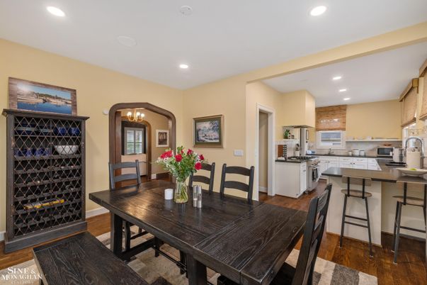 Dining room, Interior, Kitchen, Recessed Lighting, Stainless Steel Appliances, Wood Texture Flooring