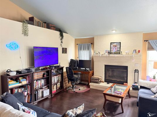 Fireplace, Home Office, Interior, Living room, Stone Walls, Wood Texture Flooring