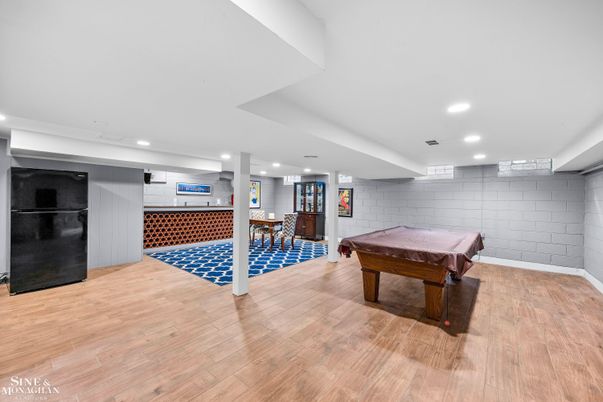 Billiard Table, Game Room, Interior, Recessed Lighting, Stone Walls, Wood Texture Flooring
