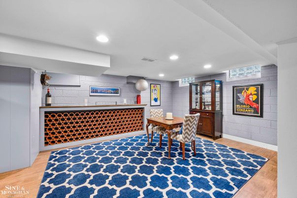 Dining room, Interior, Recessed Lighting, Stone Walls, Wine Storage, Wood Texture Flooring