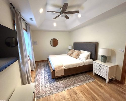 Bedroom, Interior, Recessed Lighting, Wood Texture Flooring