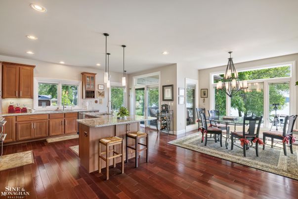Chandelier, Dining room, Interior, Kitchen, Pendant Lights, Recessed Lighting, Wood Texture Flooring