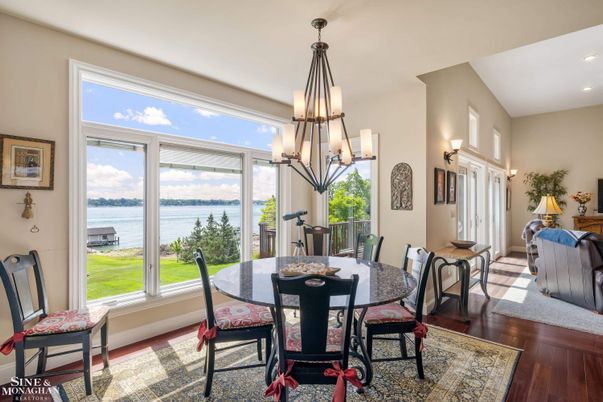 Dining room, Interior, Pendant Lights, Recessed Lighting, Water, Wood Texture Flooring