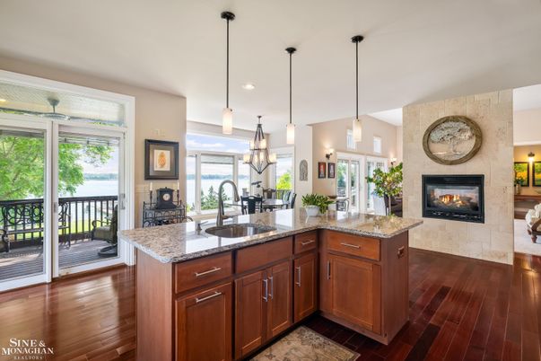 Chandelier, Dining room, Fireplace, Interior, Pendant Lights, Recessed Lighting, Wood Texture Flooring