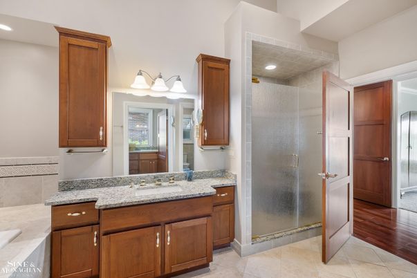 Bathroom, Glass Shower, Interior, Recessed Lighting, Wood Texture Flooring