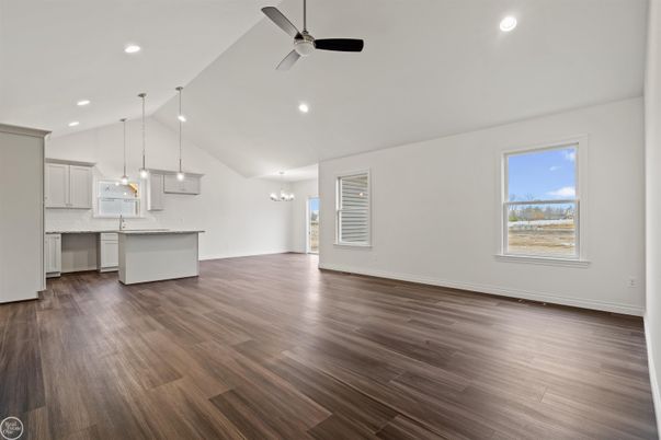 Chandelier, Empty room, Interior, Kitchen, Pendant Lights, Recessed Lighting, Wood Texture Flooring
