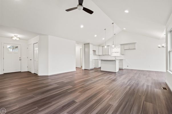 Empty room, Interior, Kitchen, Pendant Lights, Recessed Lighting, Wood Texture Flooring
