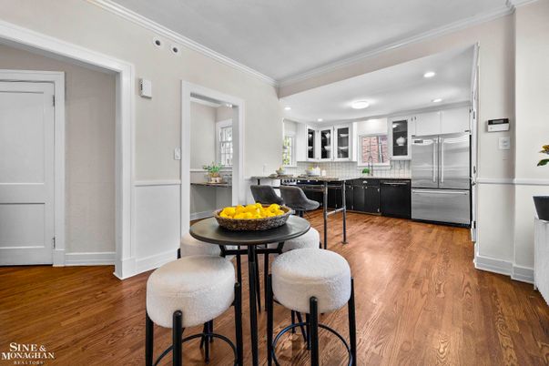 Dining room, Interior, Kitchen, Recessed Lighting, Stainless Steel Appliances, Wood Texture Flooring