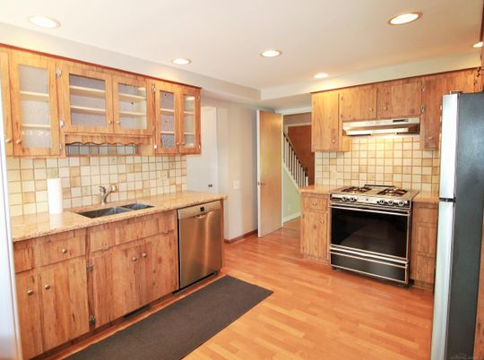 Interior, Kitchen, Recessed Lighting, Stainless Steel Appliances, Wood Texture Flooring