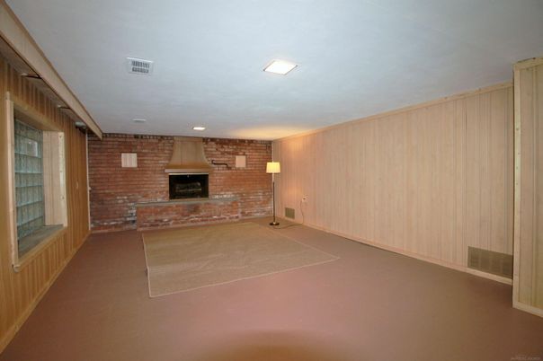 Empty room, Fireplace, Interior, Recessed Lighting, Stone Walls