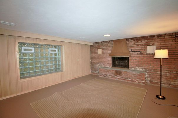 Empty room, Fireplace, Interior, Recessed Lighting, Stone Walls