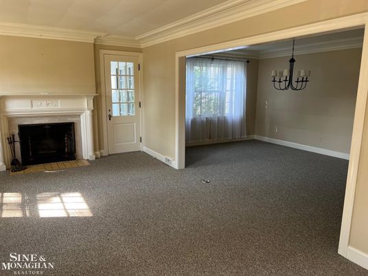 Chandelier, Empty room, Fireplace, Interior