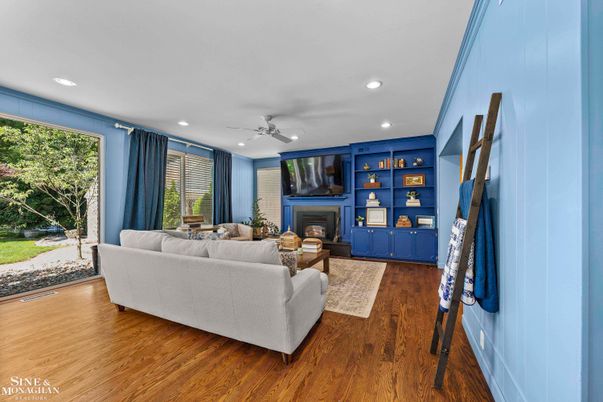 Fireplace, Interior, Living room, Recessed Lighting, Wood Texture Flooring