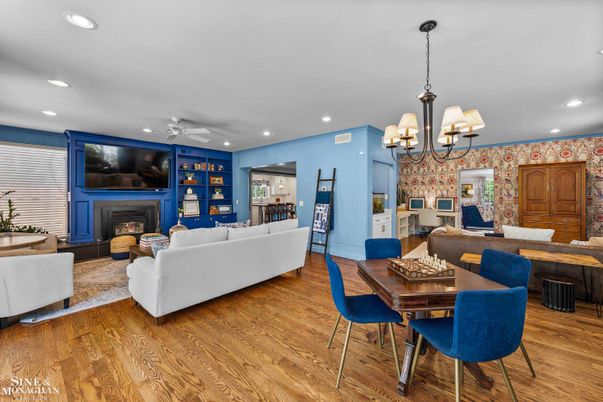 Chandelier, Dining room, Fireplace, Interior, Living room, Recessed Lighting, Wood Texture Flooring