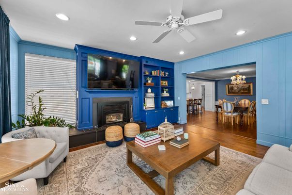 Dining room, Fireplace, Interior, Living room, Recessed Lighting, Wood Texture Flooring